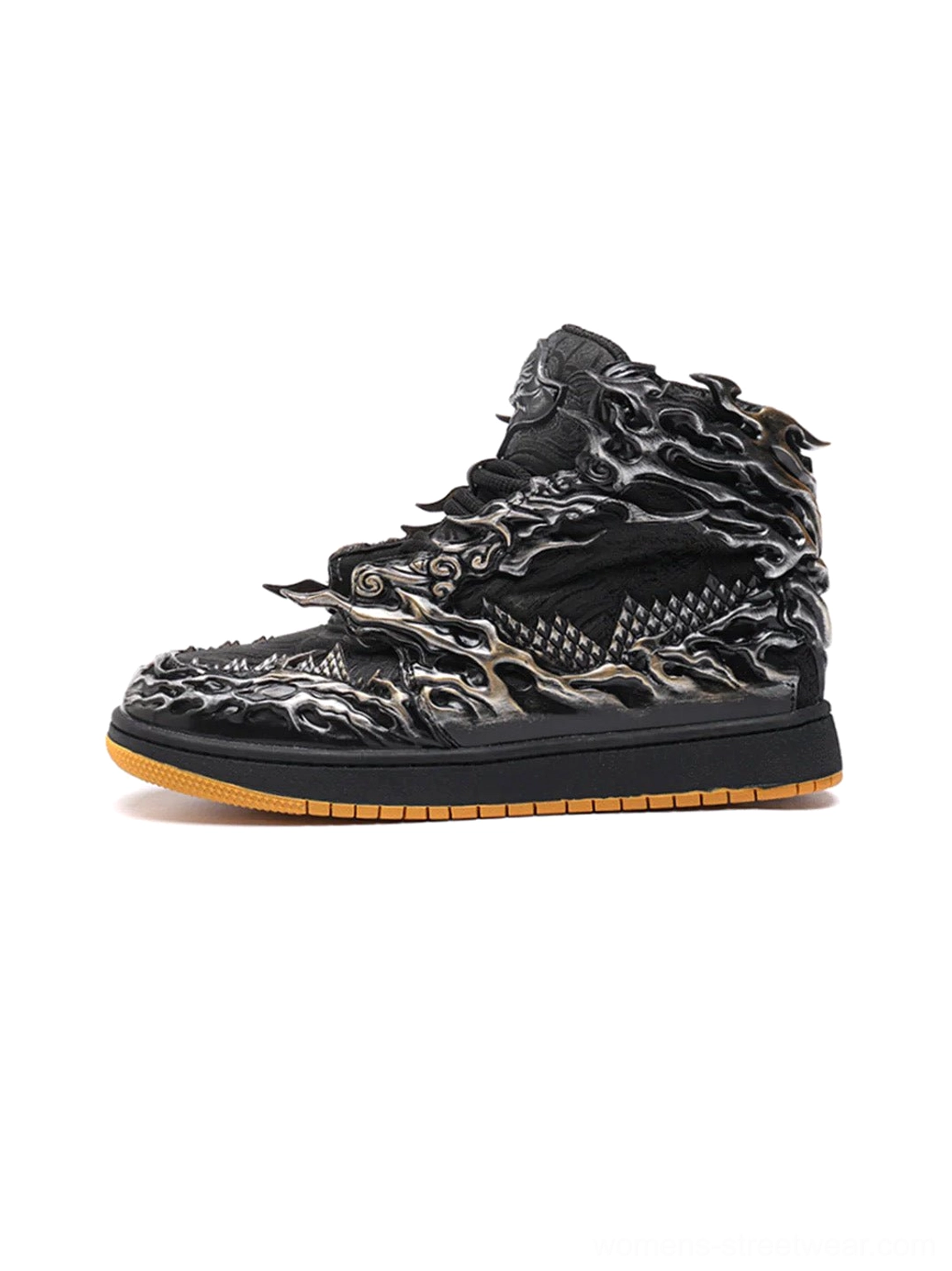 Black and silver Wukong cloud relief high-top streetwear sneaker left side product view with gum rubber sole