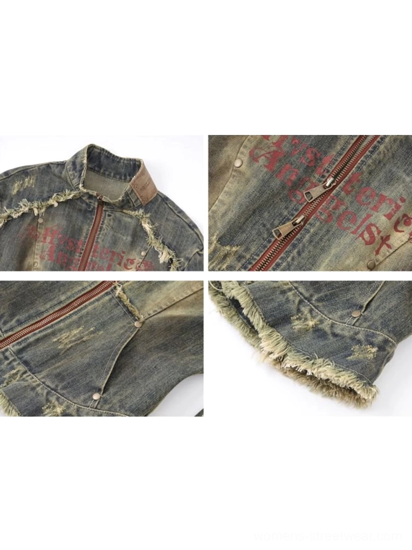 Y2K blue distressed denim corset jacket with vintage grunge texture and structured shape