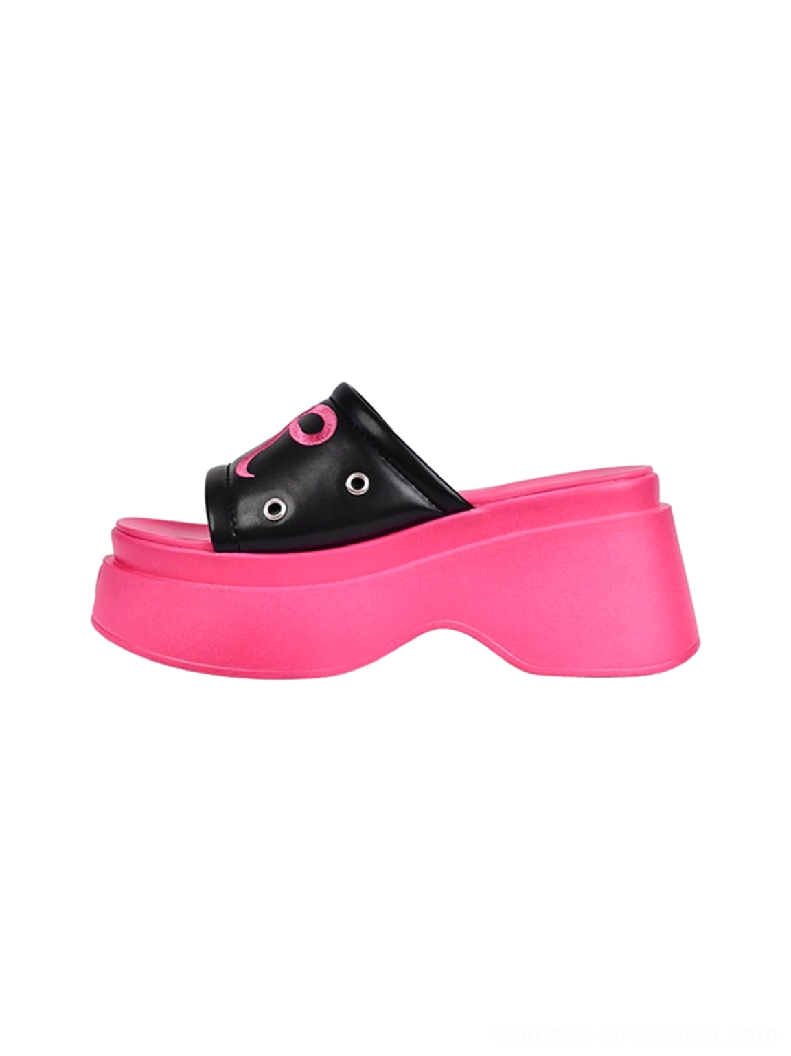 Hot pink and black bow embroidered Y2K platform slide sandals shown in a side product view
