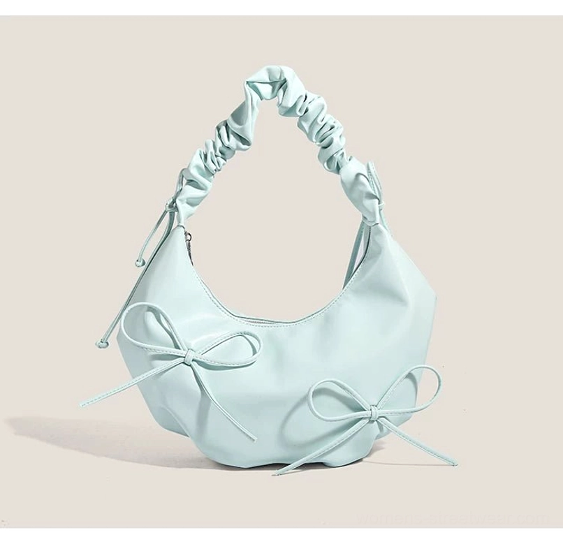 Pastel light blue Y2K bow ruched hobo shoulder bag with double bows and gathered strap