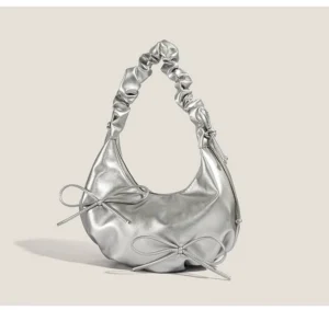 Metallic silver ruched bow hobo shoulder bag with double front bows and gathered shoulder strap