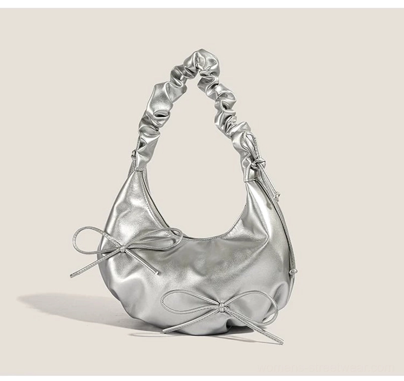 Metallic silver ruched bow hobo shoulder bag with double front bows and gathered shoulder strap