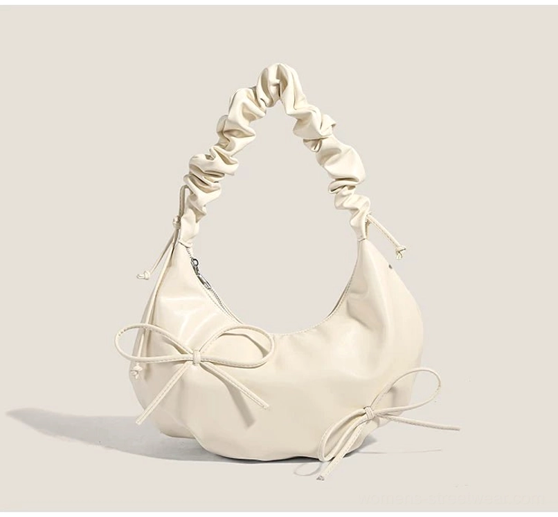 Off white Y2K bow ruched hobo shoulder bag with a soft crescent shape and gathered strap