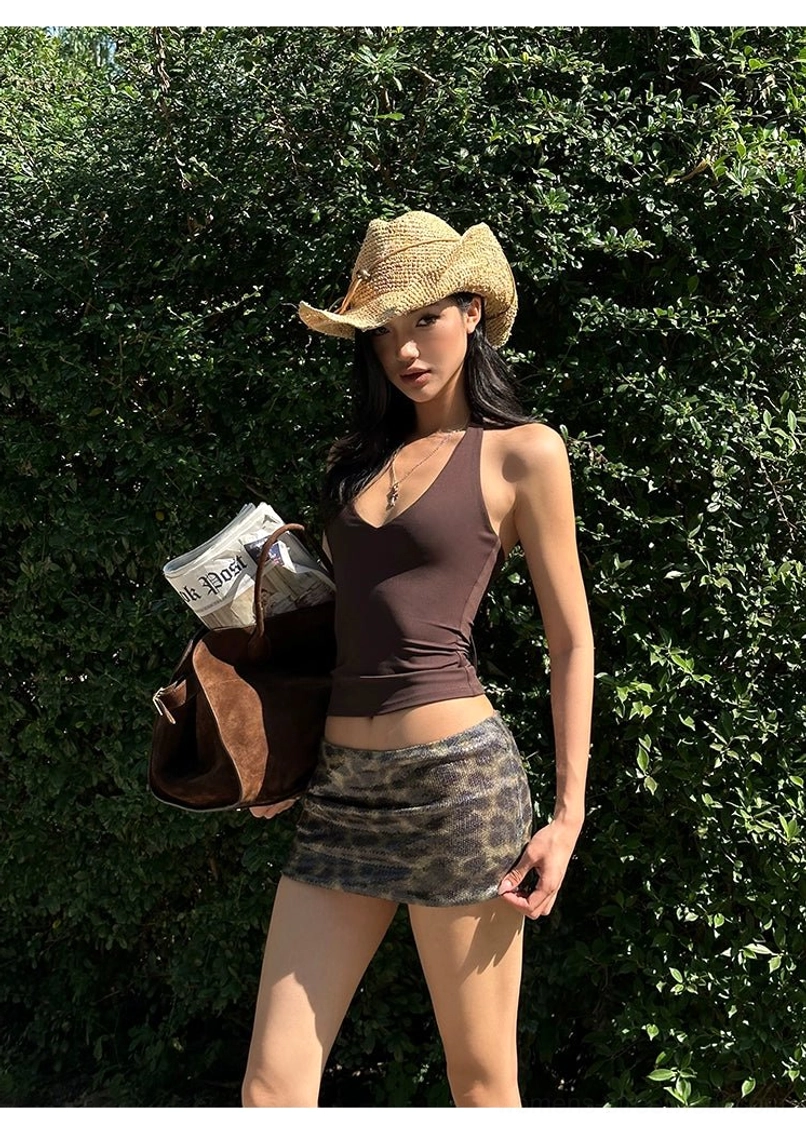 Y2K animal print sequin mini skirt in brown for confident party and festival outfits