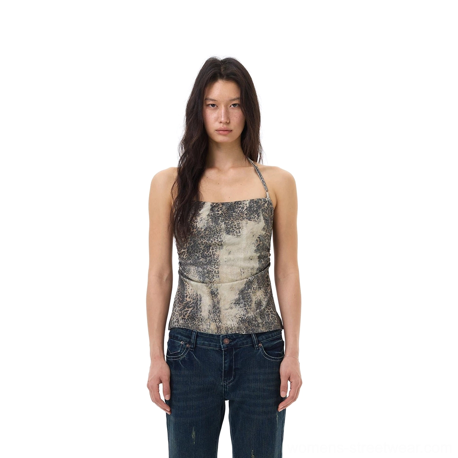 Leopard print color option of the slim Y2K cami top for Korean streetwear and low-rise denim outfits