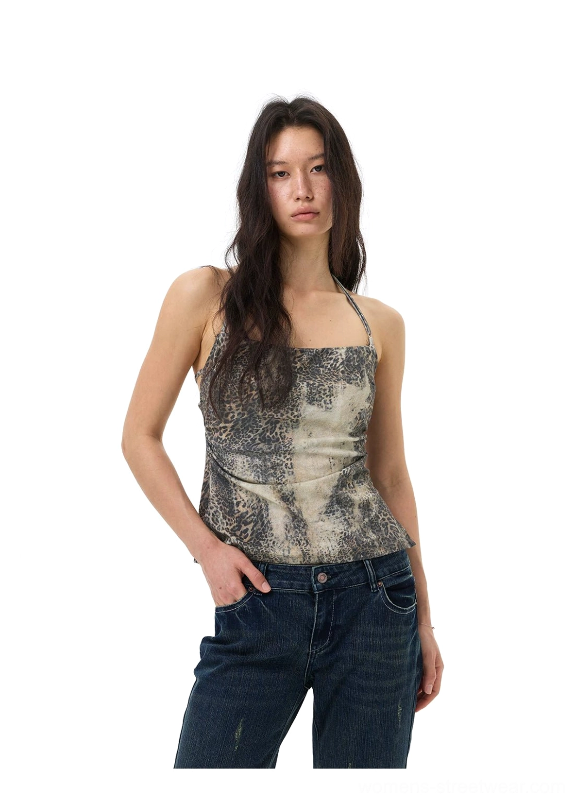 Front three-quarter view of a faded mirage print square neck cami top with subtle side ruching and thin straps