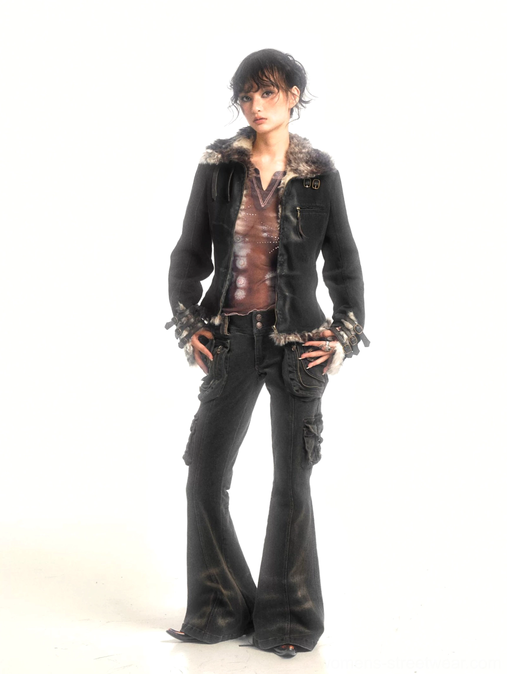Full-body Y2K streetwear outfit featuring dark washed cargo flare jeans, a fur-trimmed jacket, layered styling, and dramatic flared legs
