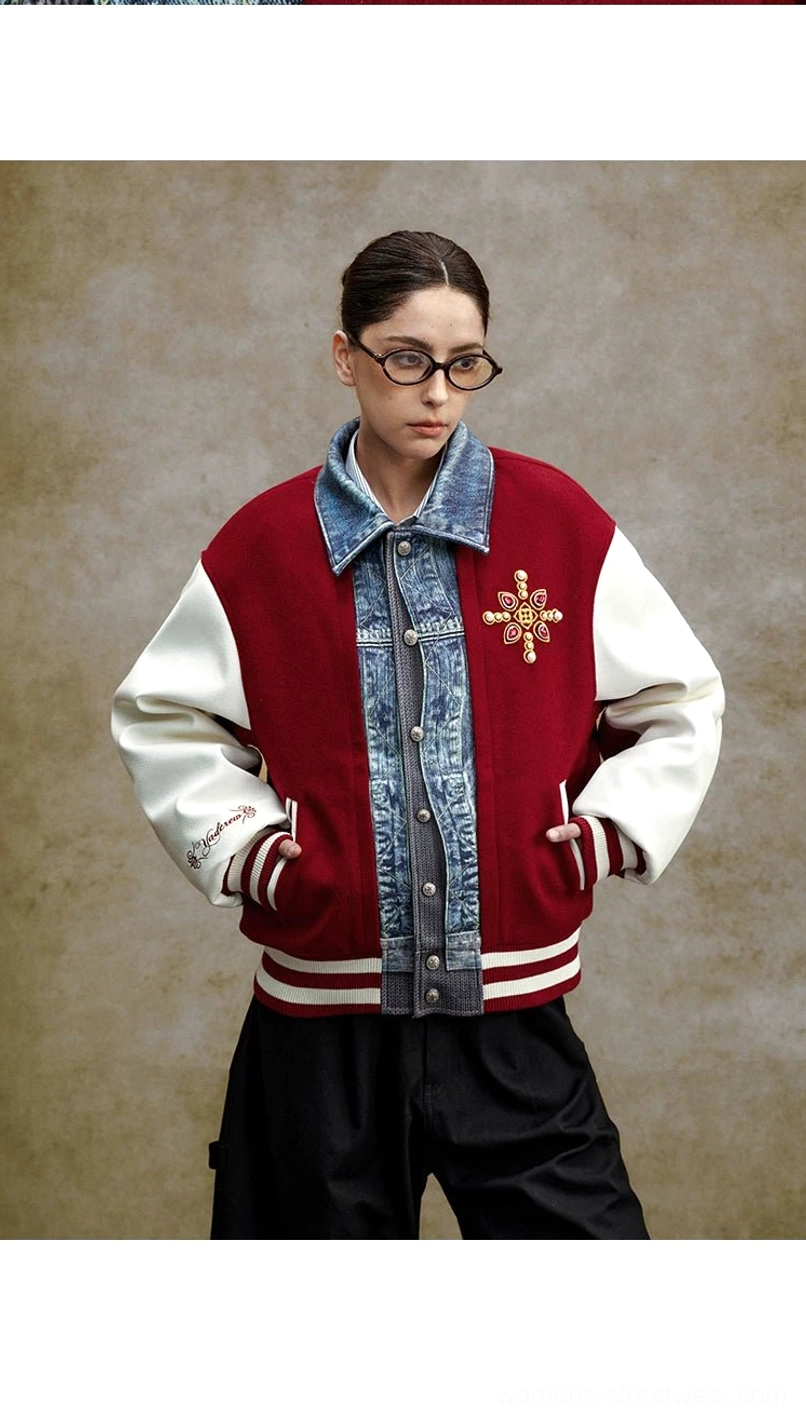 Y2K streetwear denim panel embroidered varsity bomber jacket with layered collar, snap-button front, ribbed trims, and embroidered chest motif