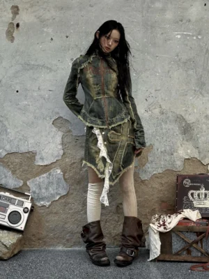 Y2K distressed denim corset jacket and asymmetric mini skirt two-piece outfit with thigh-high stockings and western boots