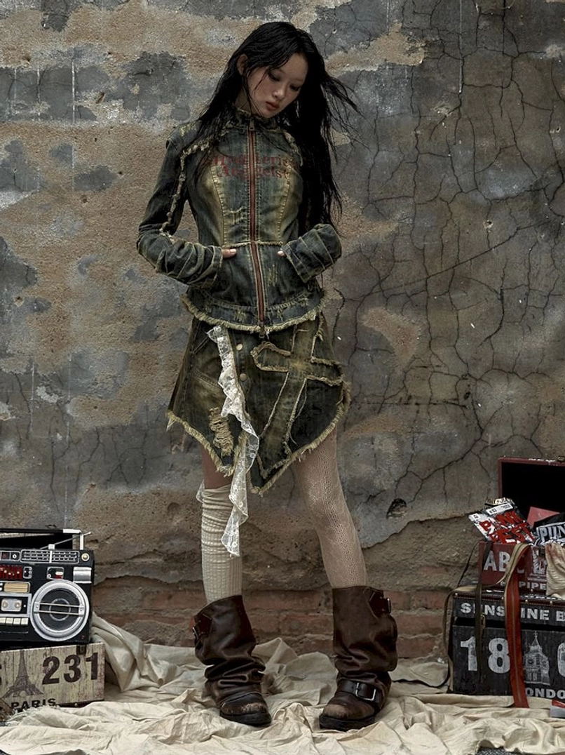 Y2K inspired distressed denim corset jacket for edgy Korean streetwear outfits