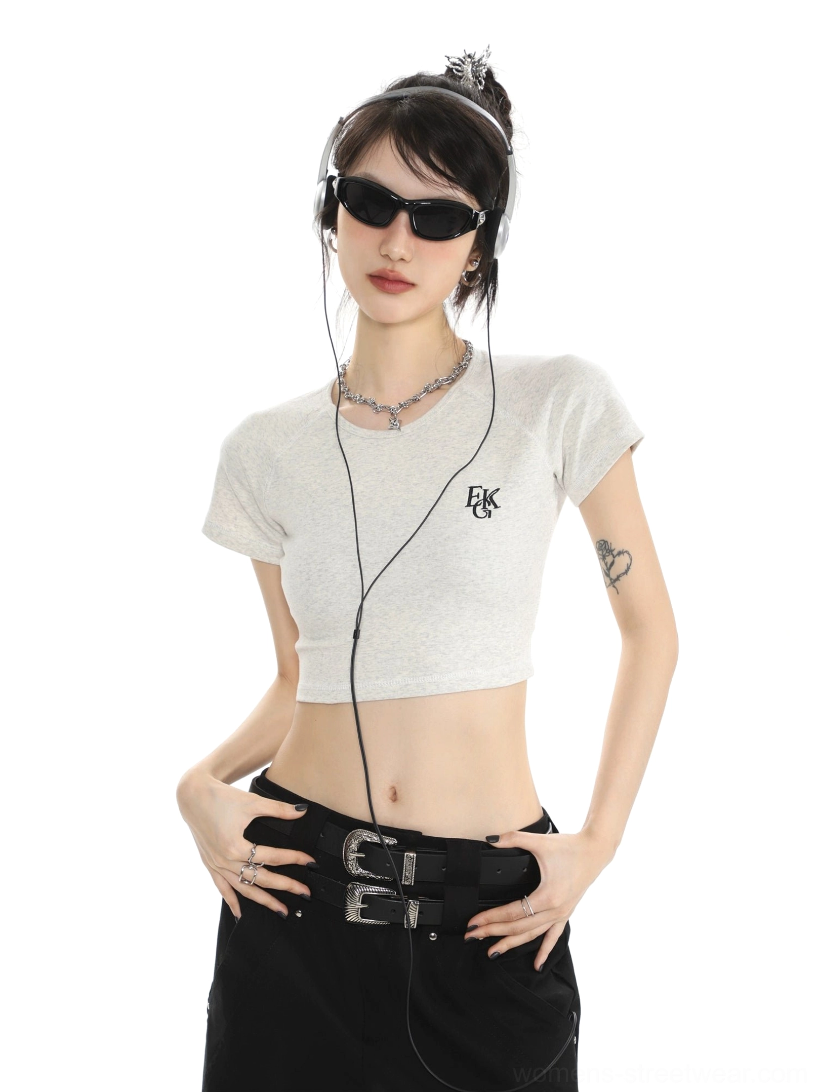 Y2K cropped baby tee for women with minimalist chest embroidery streetwear styling view