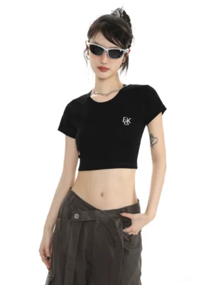 Black embroidered cropped baby tee for women with fitted Y2K streetwear silhouette