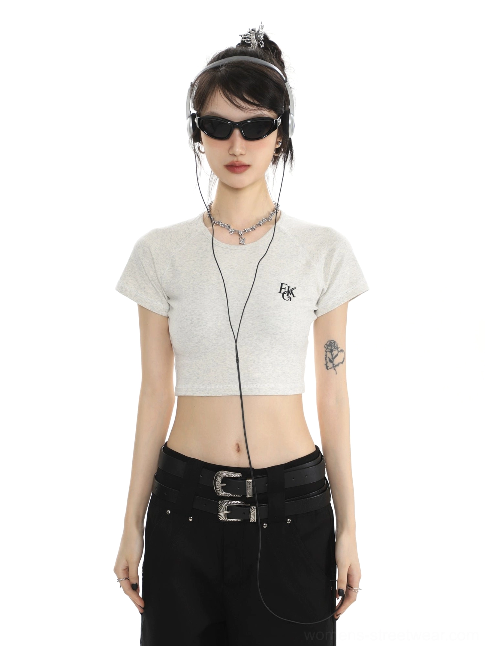 Y2K embroidered cropped baby tee for women streetwear product detail view