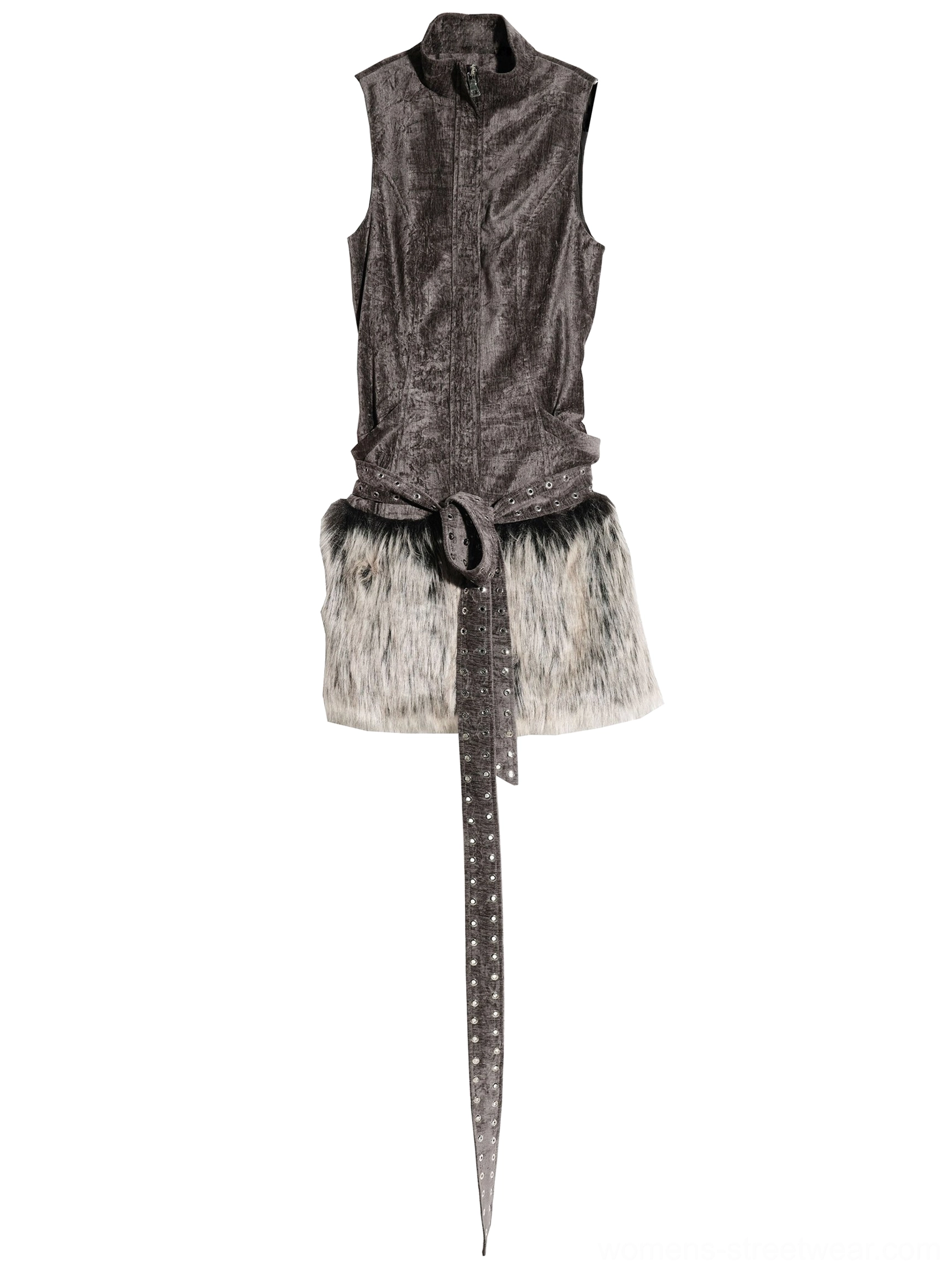 Flat lay of grey faux fur hem belted suede vest mini dress showing stand collar, zipper, detachable studded belt, and straps