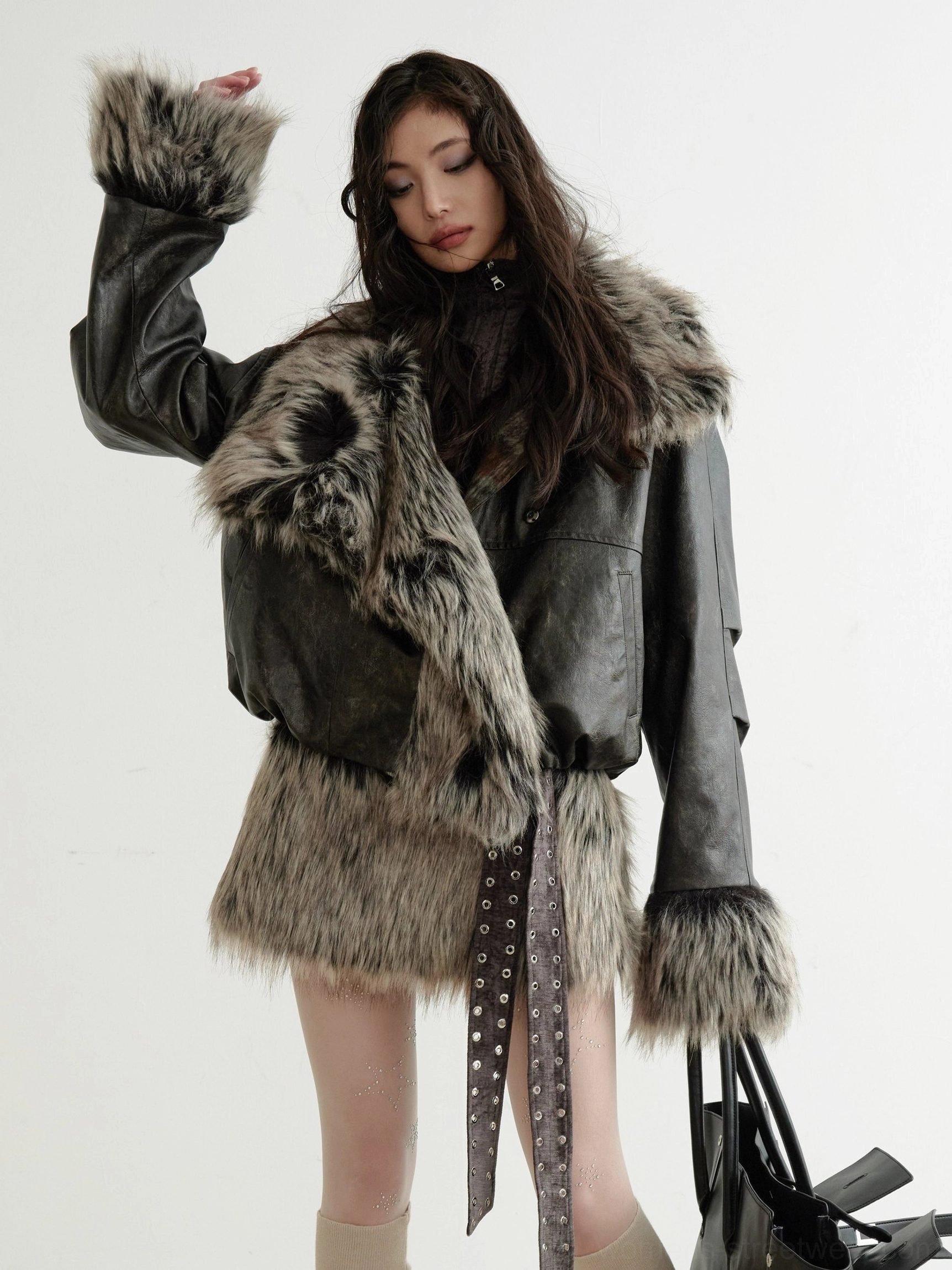 Y2K faux fur hem belted suede vest mini dress styling inspiration with matching faux fur mini skirt and trim leather jacket
