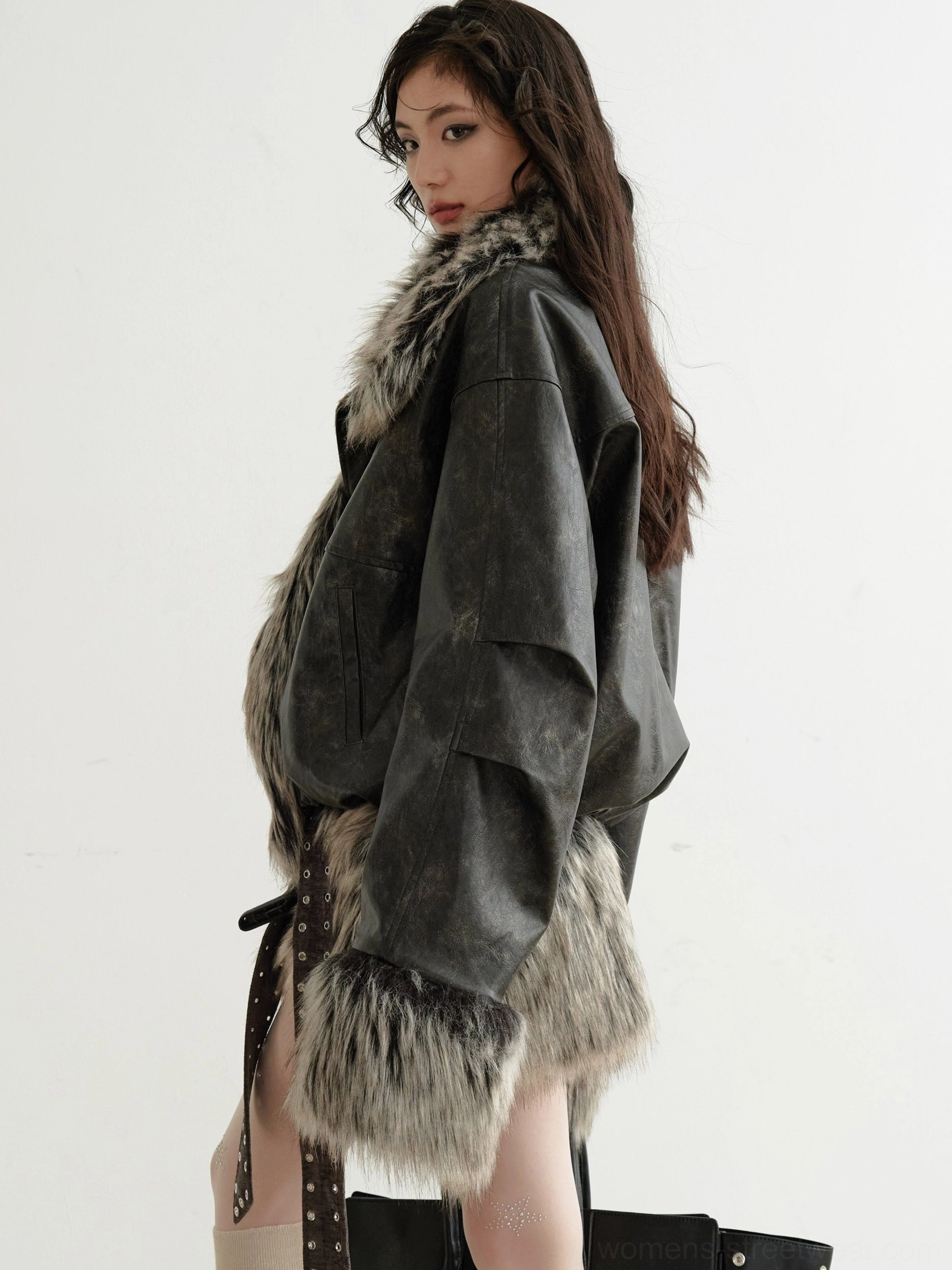 Y2K faux fur hem belted suede vest mini dress with studded belt and grey faux fur trim detail