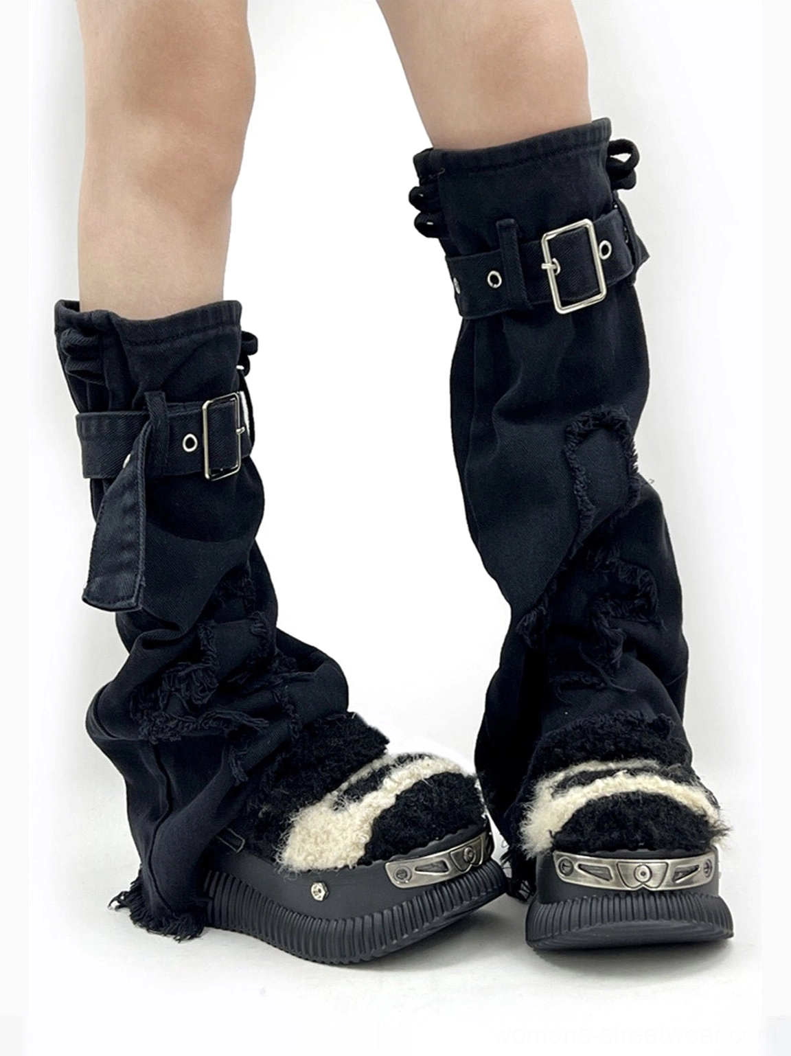 Back view of Y2K fuzzy platform sneakers worn with black buckle leg warmers, showing the chunky ridged sole and punk streetwear styling