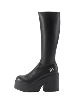 Black Y2K goth platform knee-high stretch boots with smooth matte upper and sculpted chunky heel