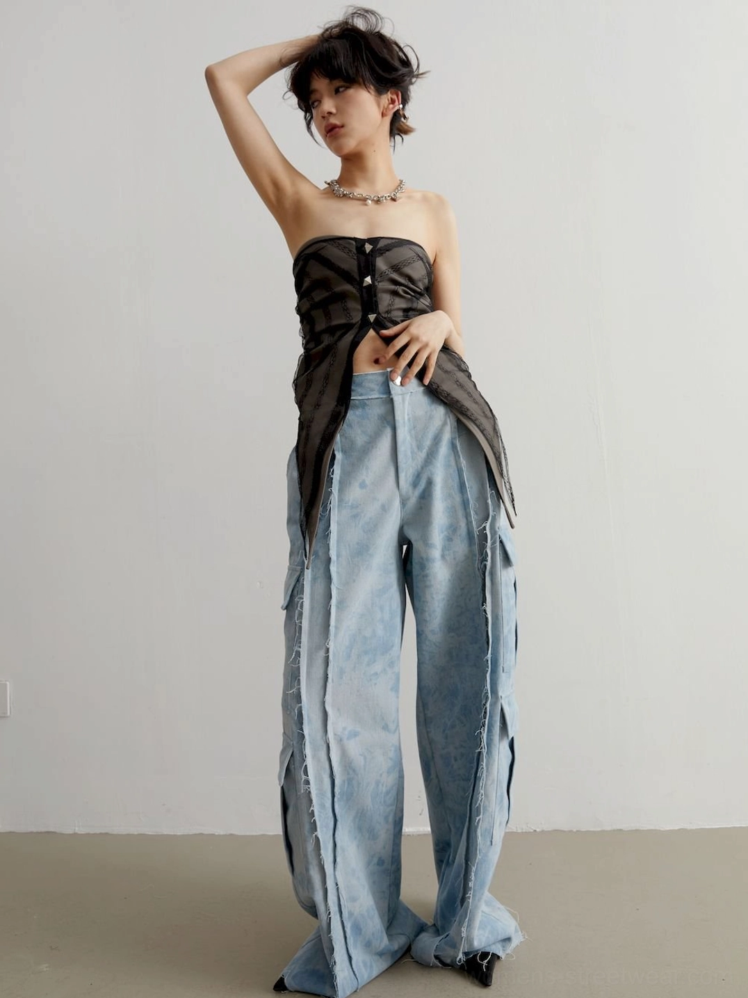 Y2K-inspired gray sheer studded tube top designed for layered outfits and alternative streetwear styling