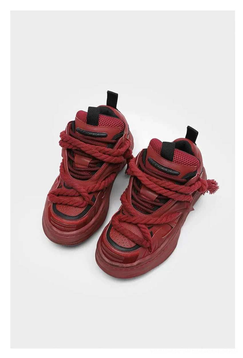 Rope-lace chunky sneakers designed for Y2K and Korean streetwear outfits with layered geometric uppers, weathered finishes, and elevated 4 cm platform soles