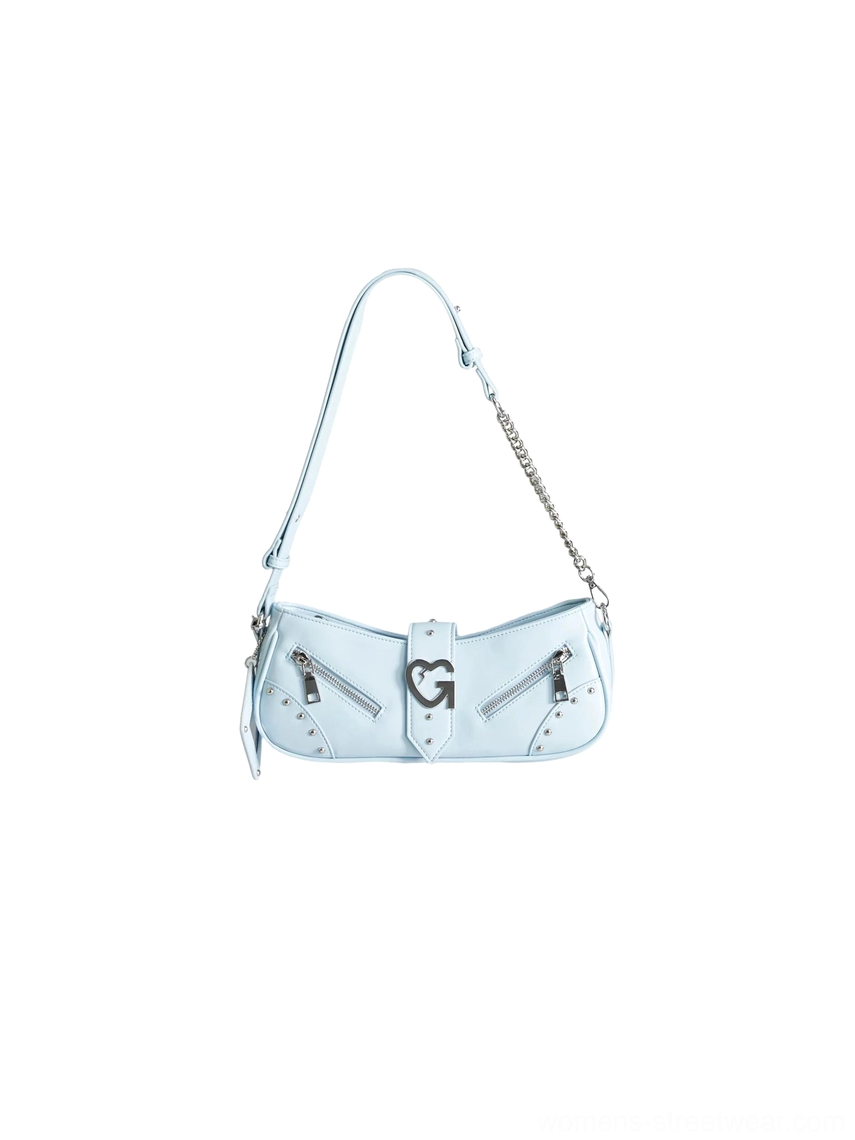 Y2K multi-zip baguette shoulder bag with chain strap and silver-tone hardware product detail view