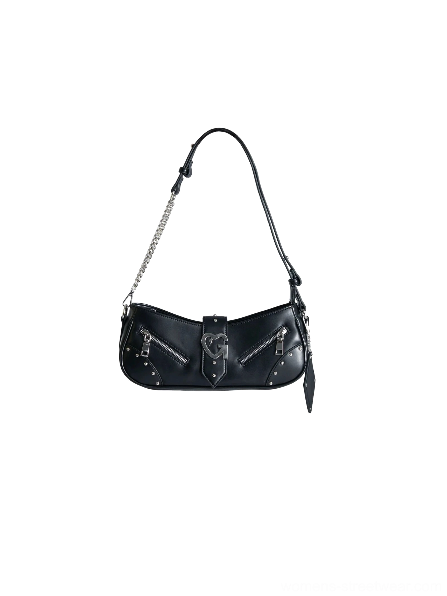 Y2K multi-zip baguette shoulder bag with curved underarm shape, metallic buckle, and chain strap product view