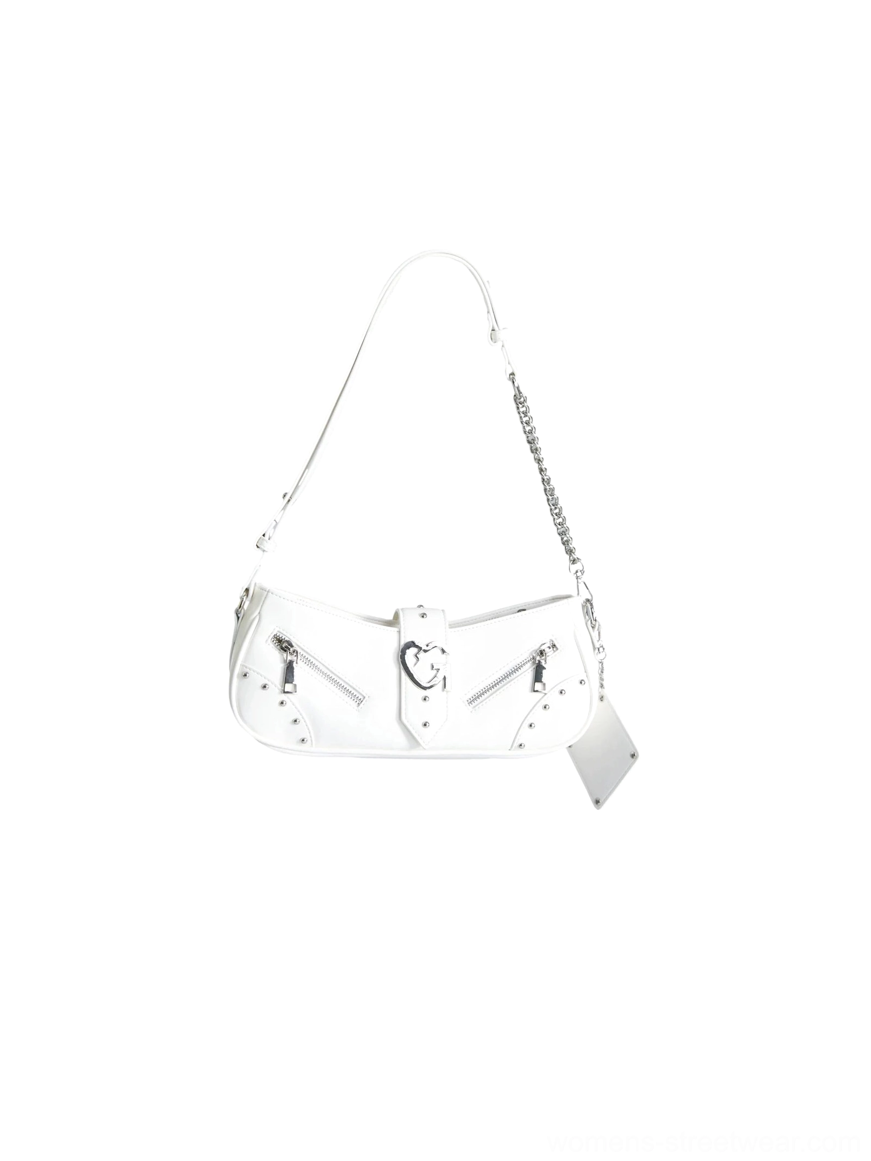 White Y2K multi-zip baguette shoulder bag flat lay showing curved shape, silver buckle, chain strap, and zipper details