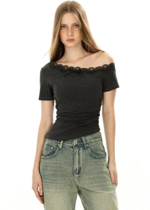 Dark grey Y2K off-shoulder lace trim slim fit top styled with vintage washed straight leg jeans