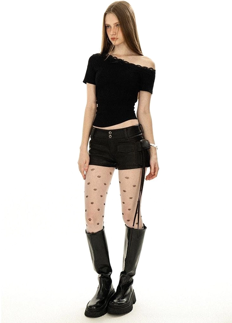 Y2K off-shoulder lace trim slim fit top in Korean streetwear style product image