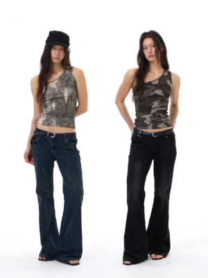 Y2K one-shoulder fitted crop tops in leopard print and camouflage print styled with low-rise flared jeans