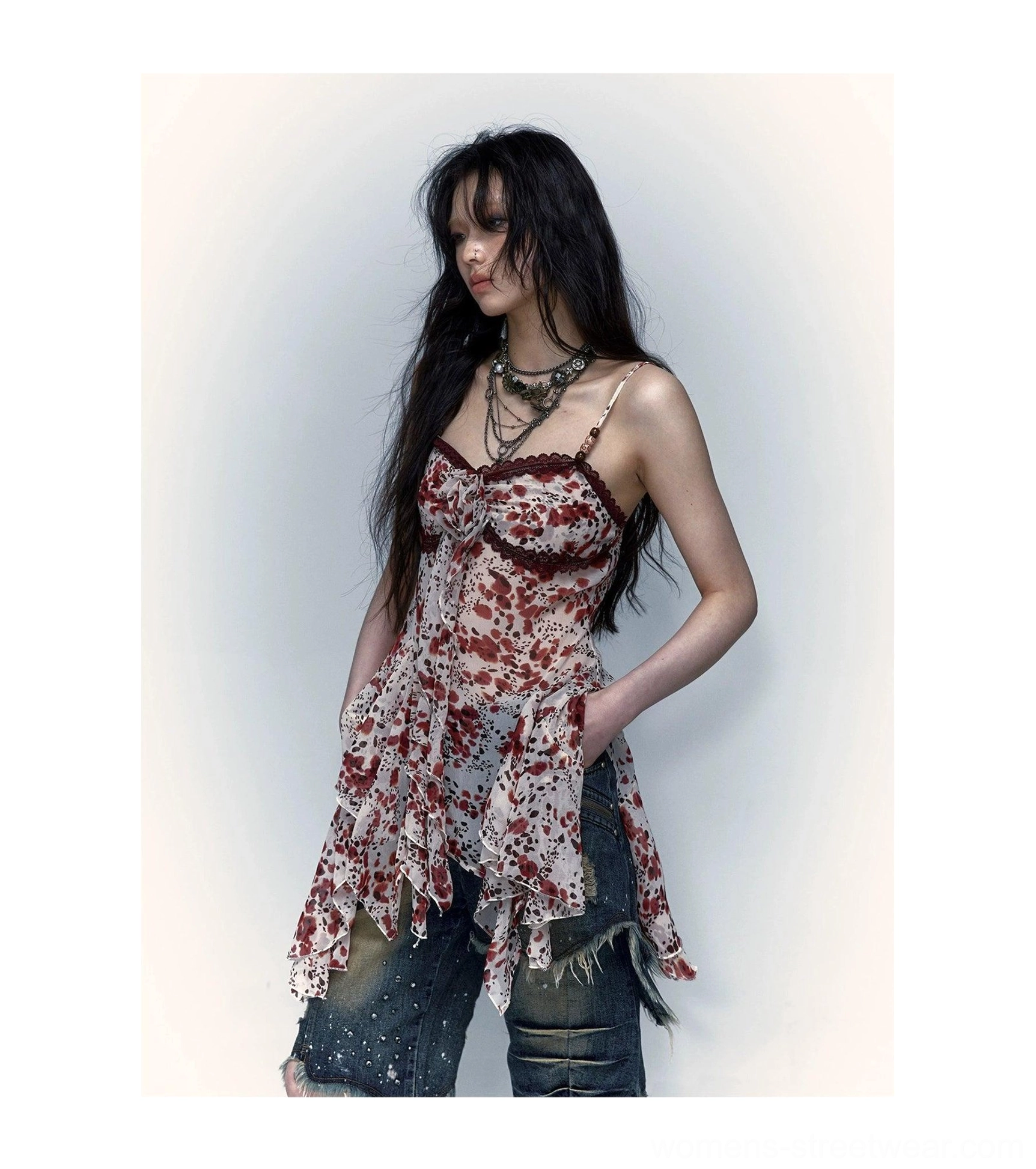 Y2K sheer floral and leopard handkerchief-hem camisole asymmetric hem product view