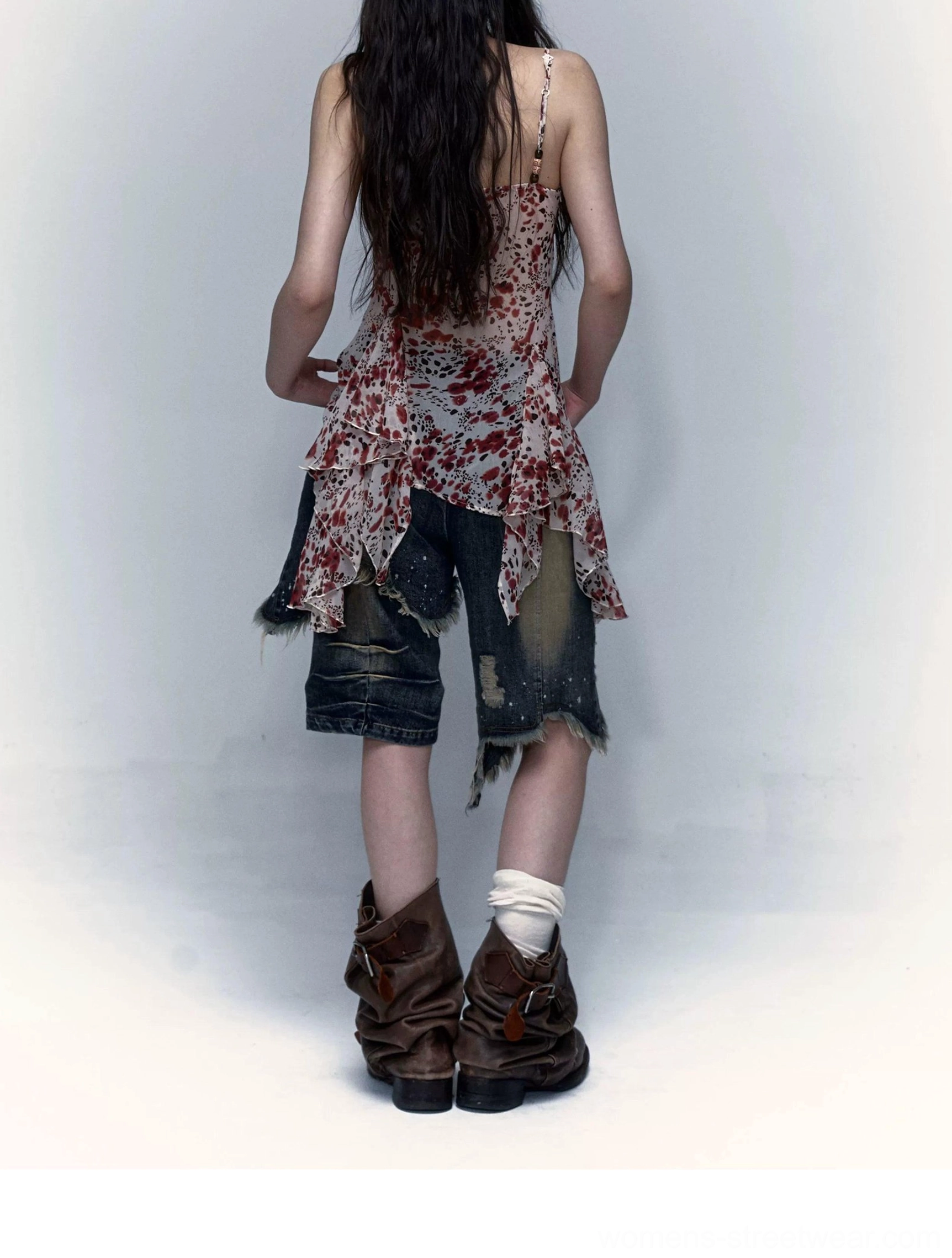 Y2K sheer floral and leopard handkerchief-hem camisole lace-trim fashion detail