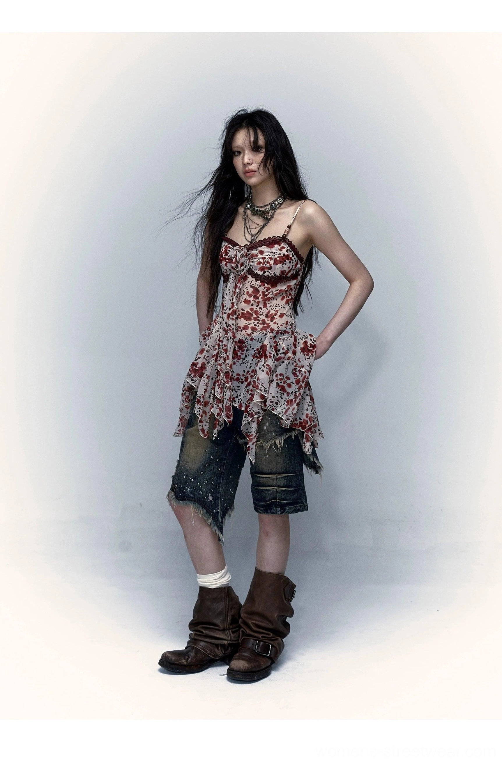 Y2K sheer floral and leopard handkerchief-hem camisole lightweight semi-sheer fabric view