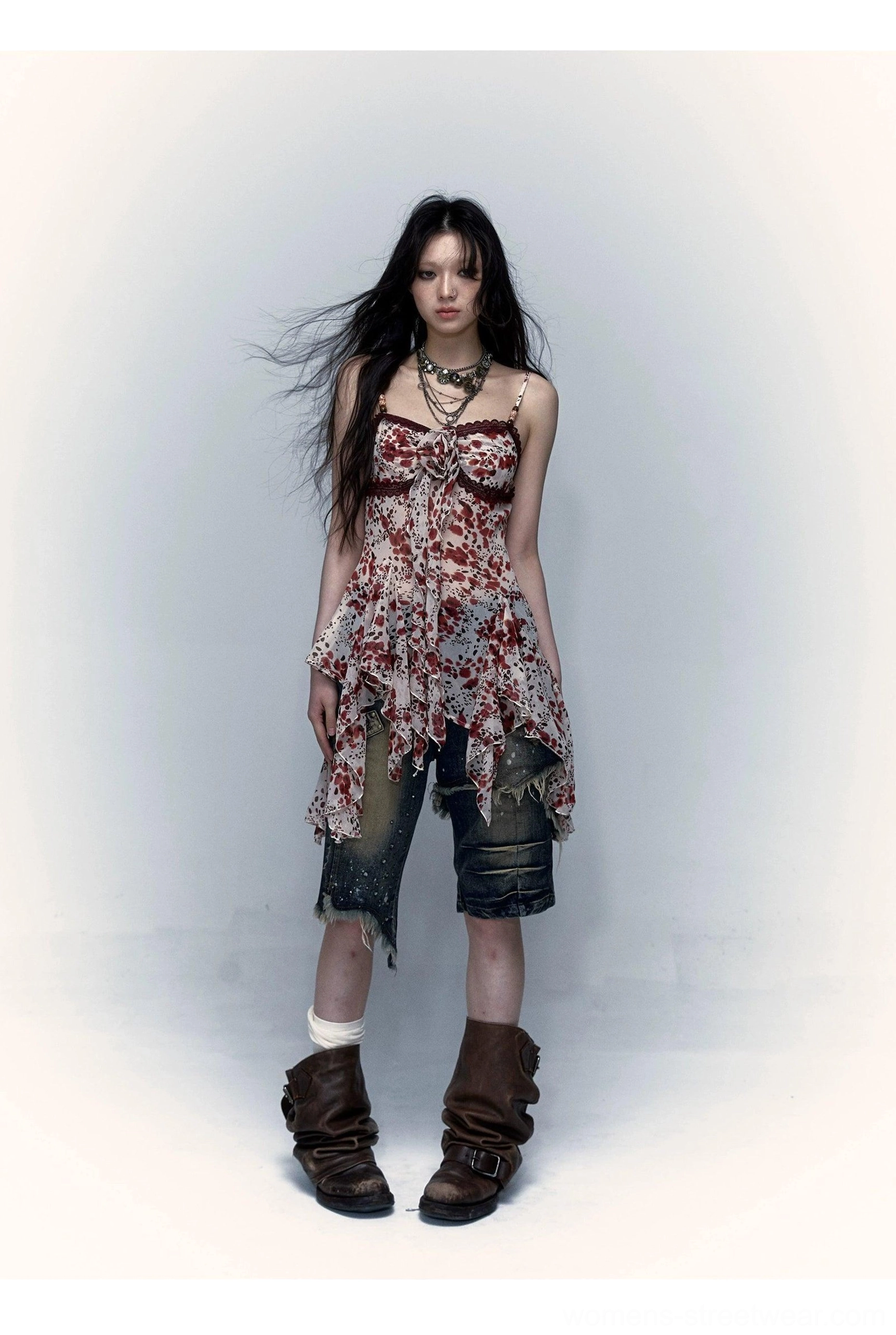 Y2K sheer floral and leopard handkerchief-hem camisole fashion product view