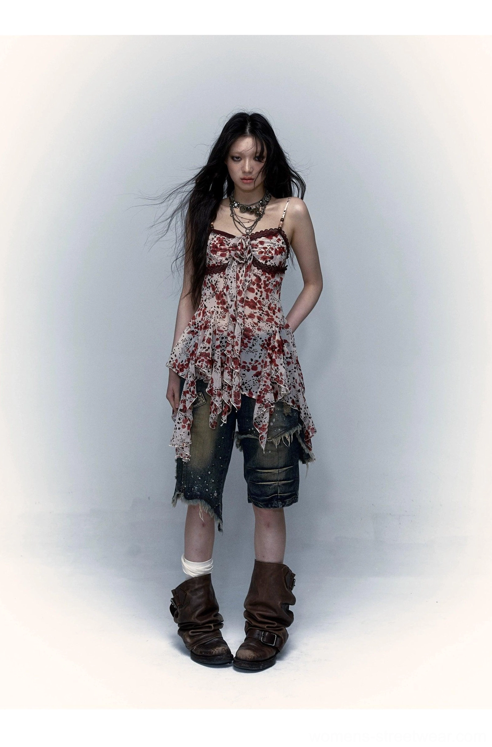 Y2K sheer floral and leopard handkerchief-hem camisole alternative streetwear outfit view