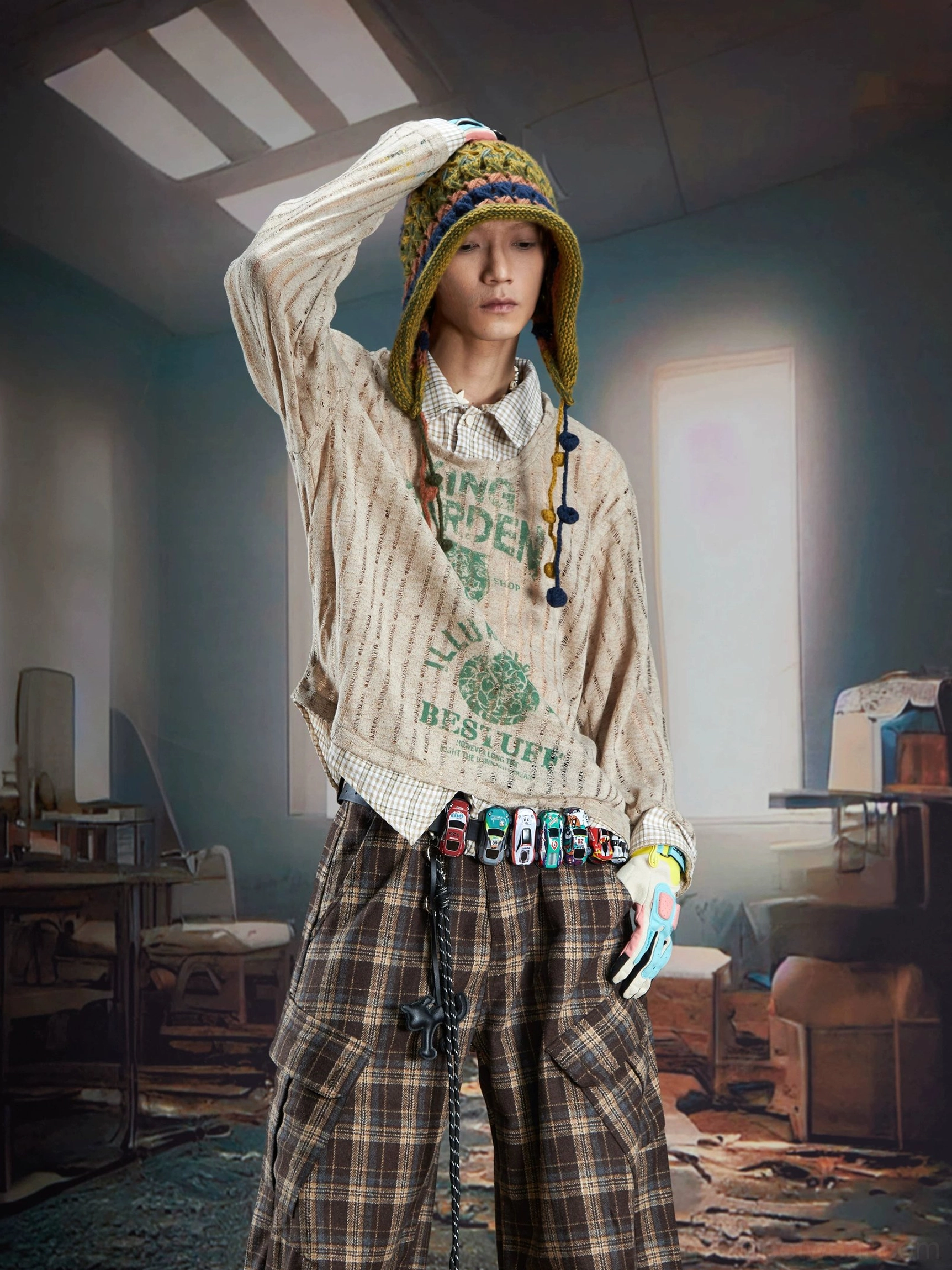 Y2K sheer layered shirt sweater featuring vertical ribbed texture, vintage graphic artwork, plaid collar detail, and loose Korean streetwear fit