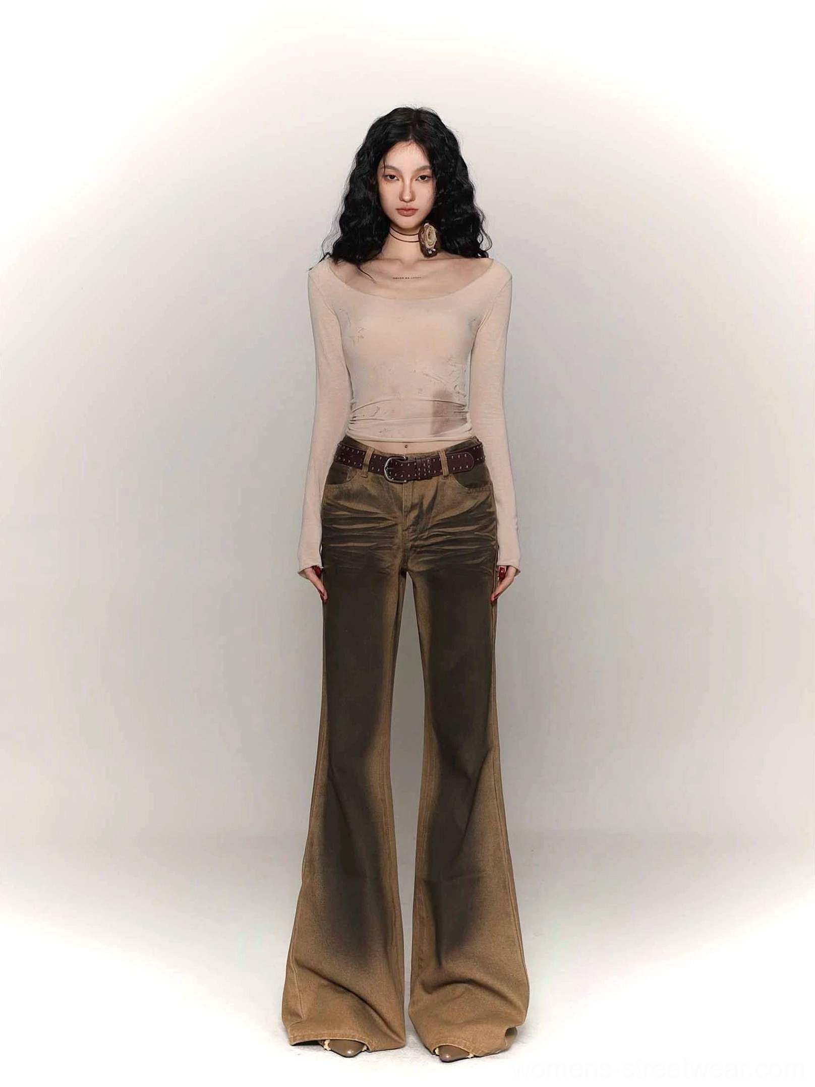 Full-body Y2K outfit featuring a tie-dye wide collar long sleeve base layer and vintage flared denim