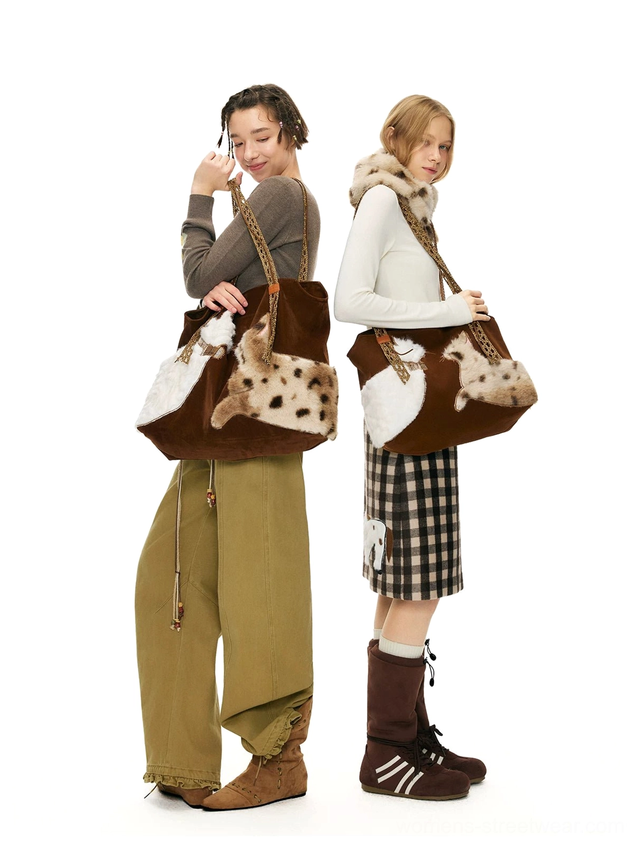 Y2K velvet cat tote bag with soft structured body, earthy brown color, and playful storybook accessory design