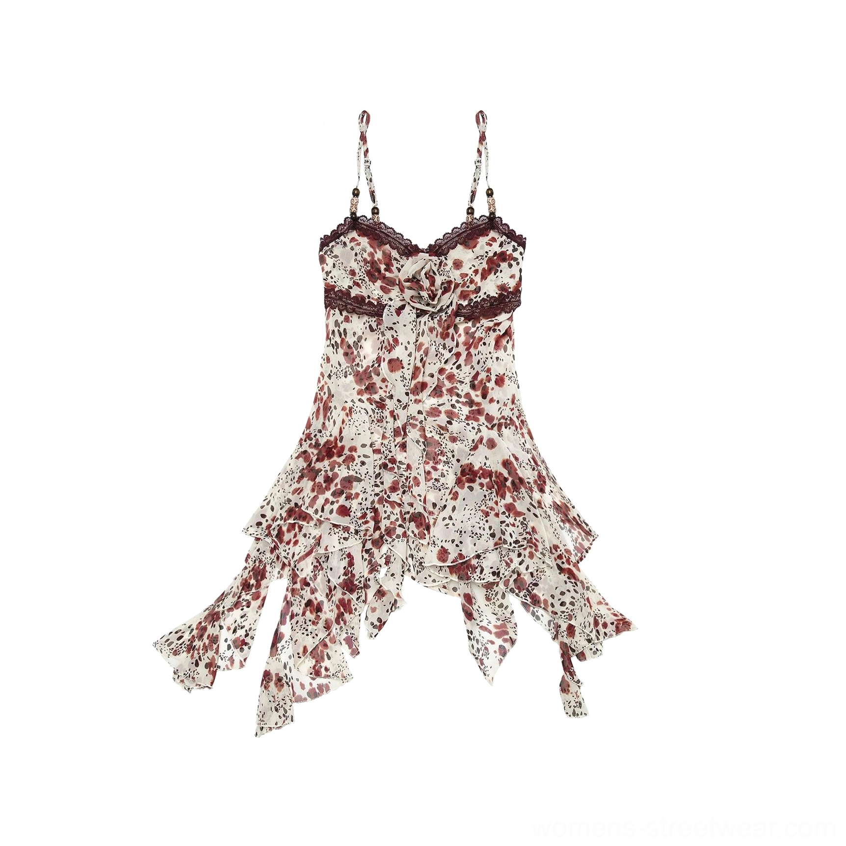 Vintage floral print Y2K sheer handkerchief-hem camisole with lace-trimmed gathered neckline