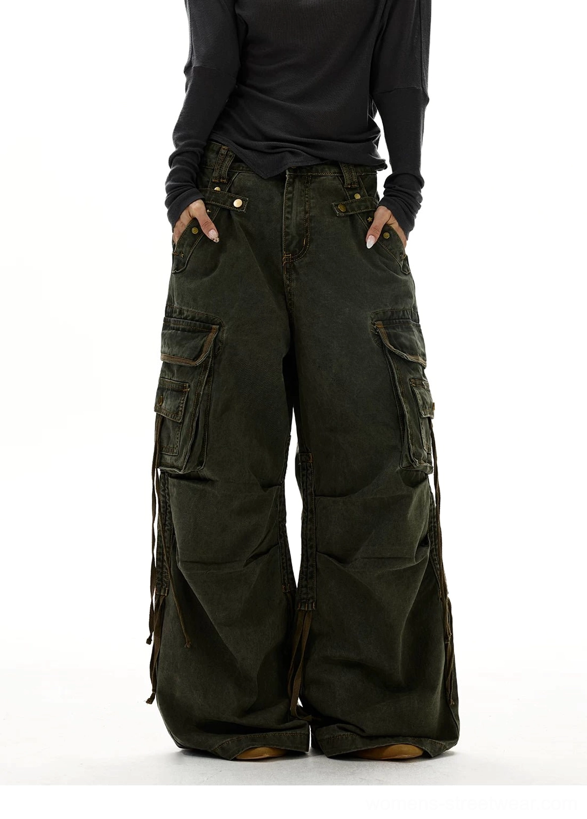 Olive green Y2K wide leg strap cargo jeans front full length view with oversized pockets and ultra baggy silhouette