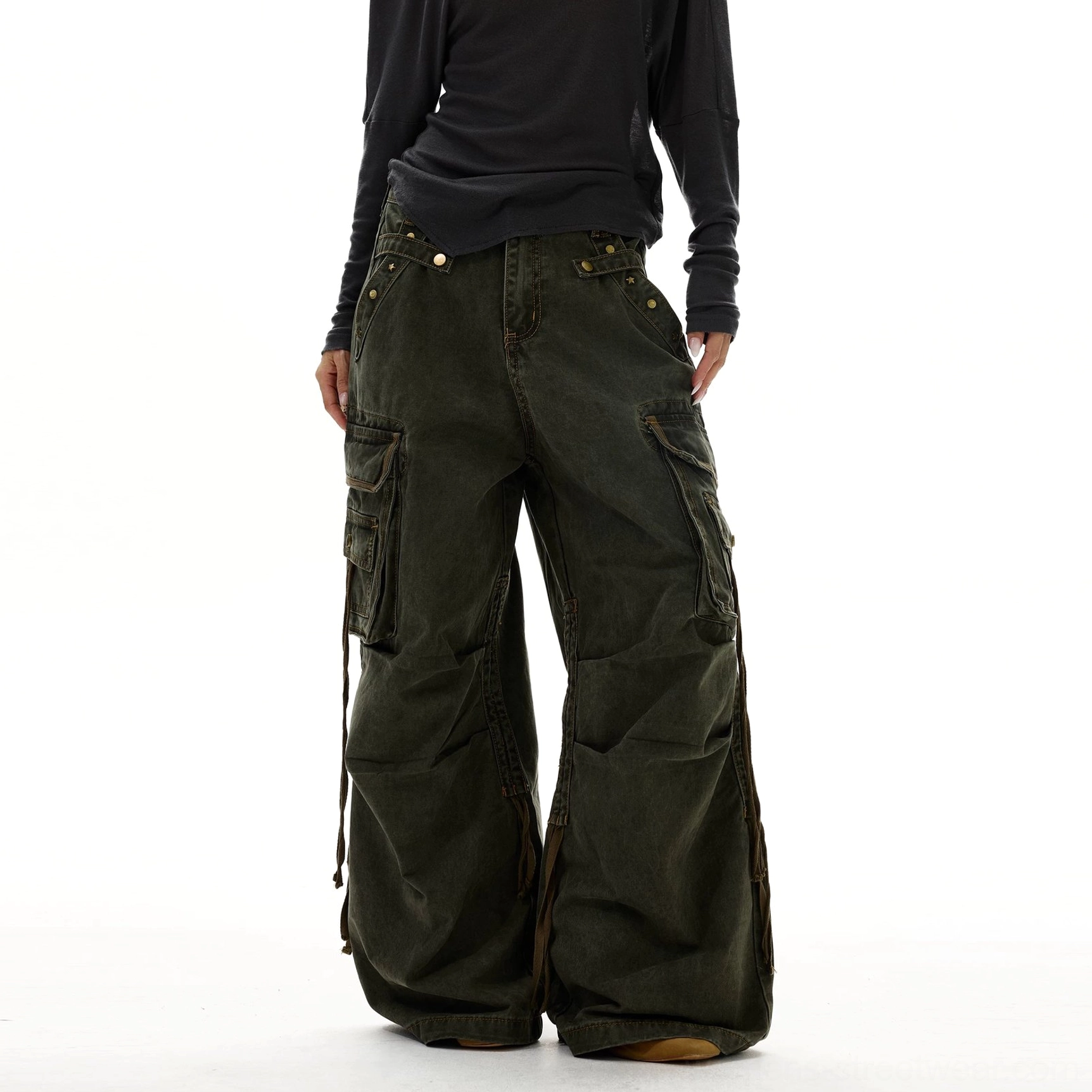 Olive green Y2K wide leg strap cargo jeans with washed denim finish riveted straps and oversized cargo pockets