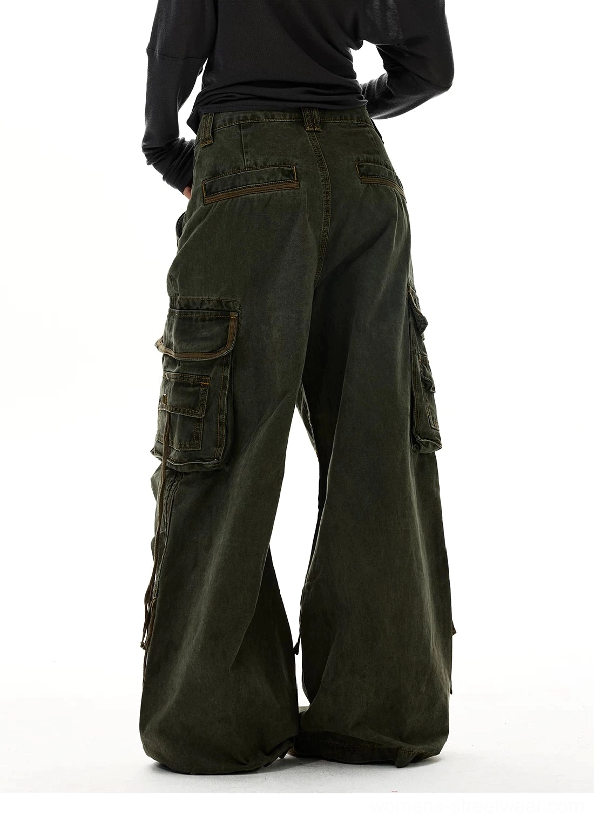 Y2K wide leg strap cargo jeans washed denim baggy fit and multi-pocket utility design detail