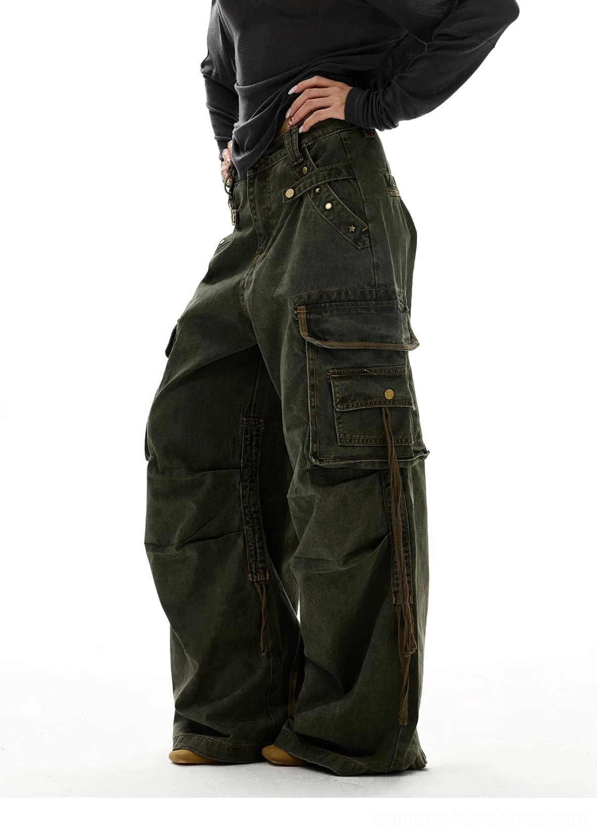 Y2K wide leg strap cargo jeans in washed denim detailed product view with oversized utility styling