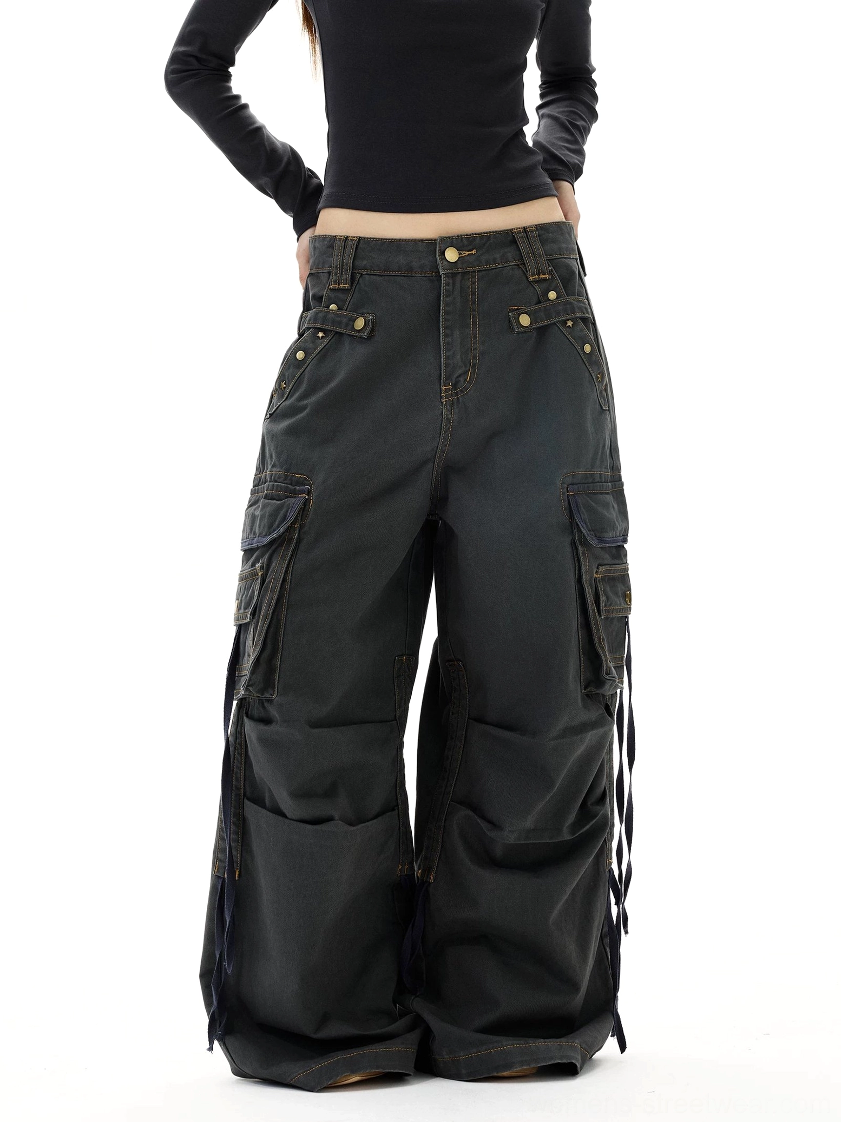 Washed gray Y2K wide leg strap cargo jeans front lower body view with oversized utility pockets and baggy denim legs