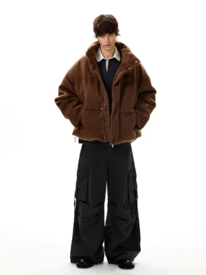 Washed gray wide leg strap cargo jeans full front outfit view showing oversized Y2K cargo denim silhouette
