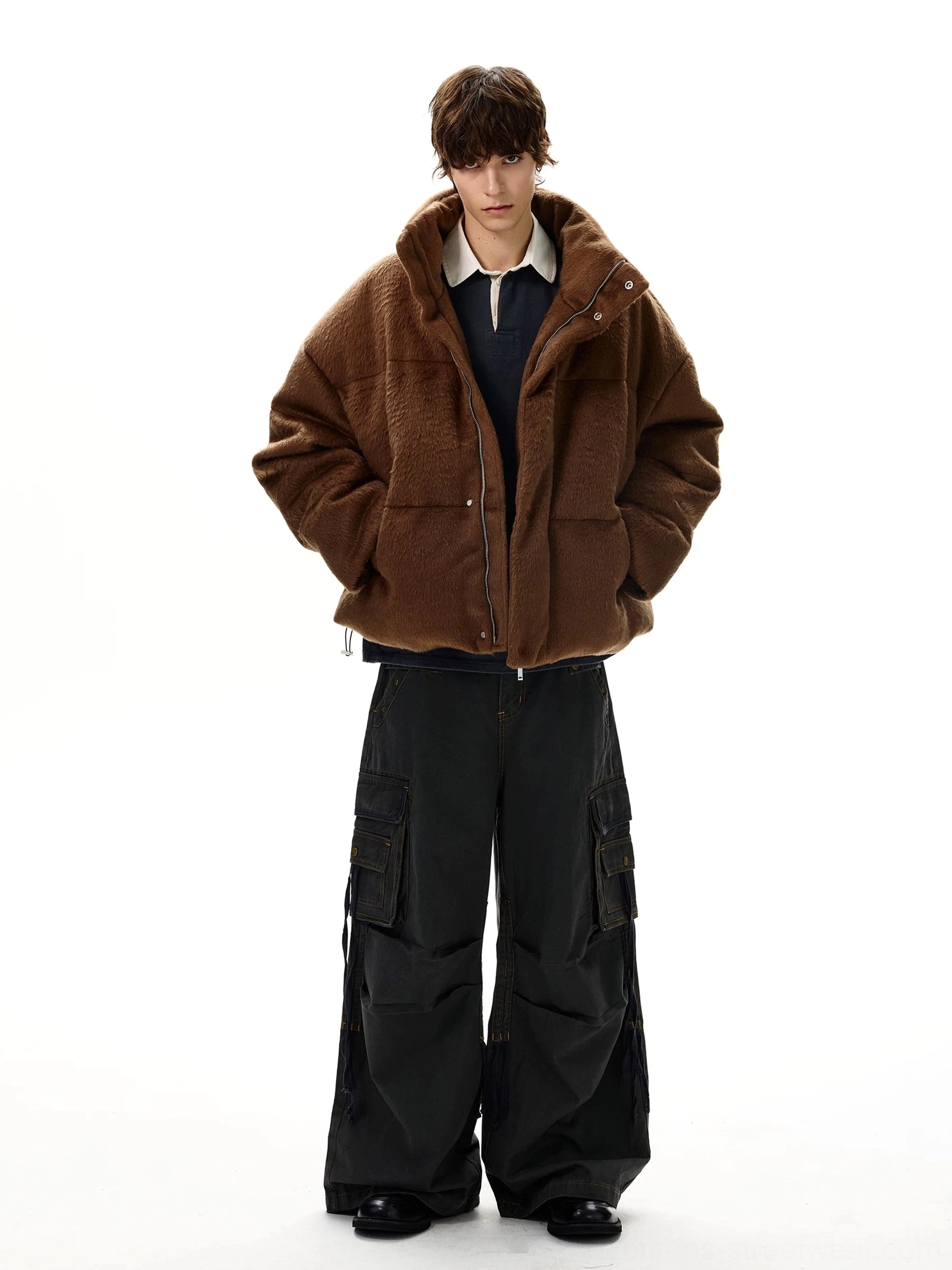 Washed gray wide leg strap cargo jeans full front outfit view showing oversized Y2K cargo denim silhouette