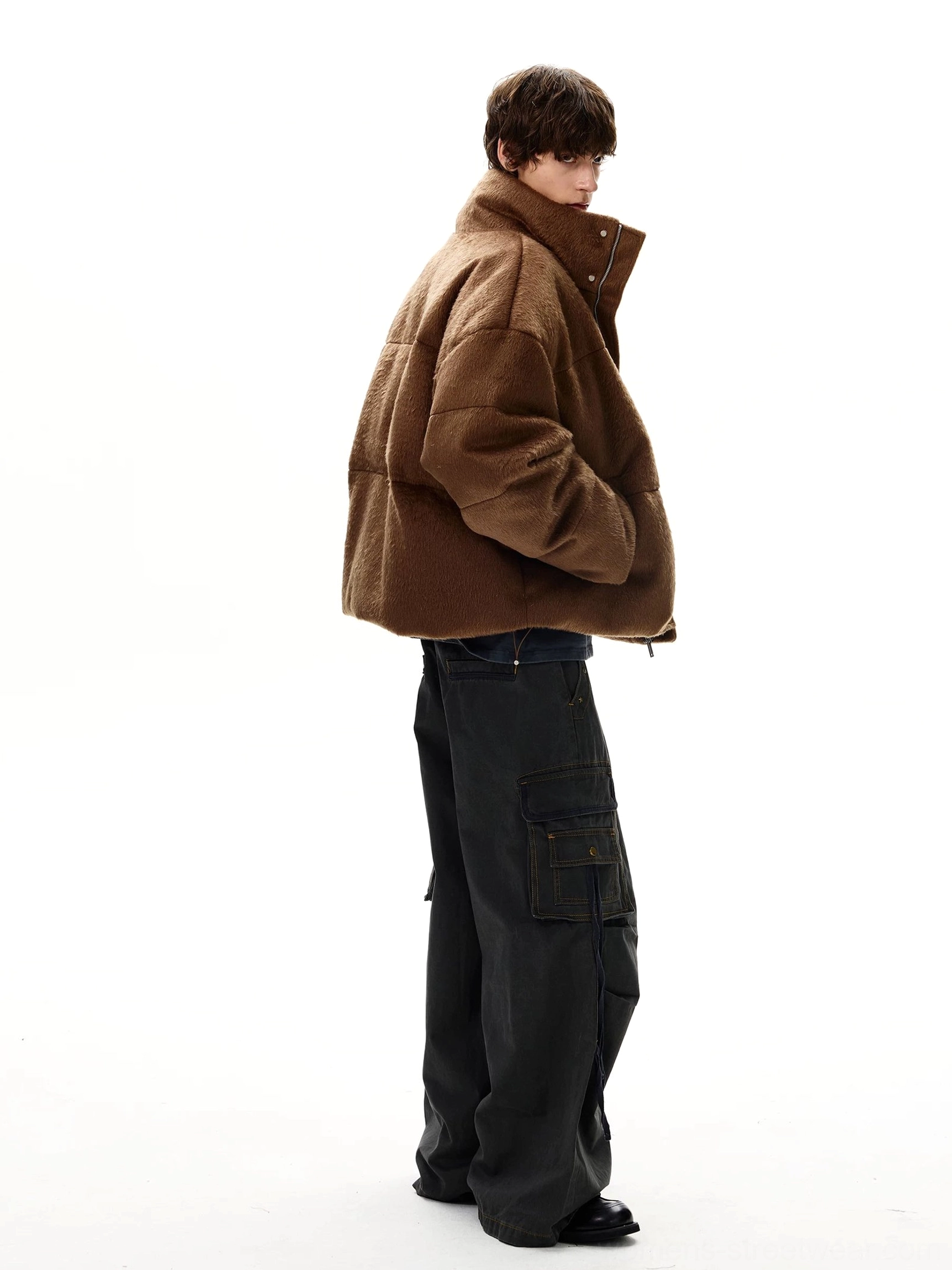 Washed gray baggy cargo jeans side rear view showing wide leg fit back pockets and utility pocket details