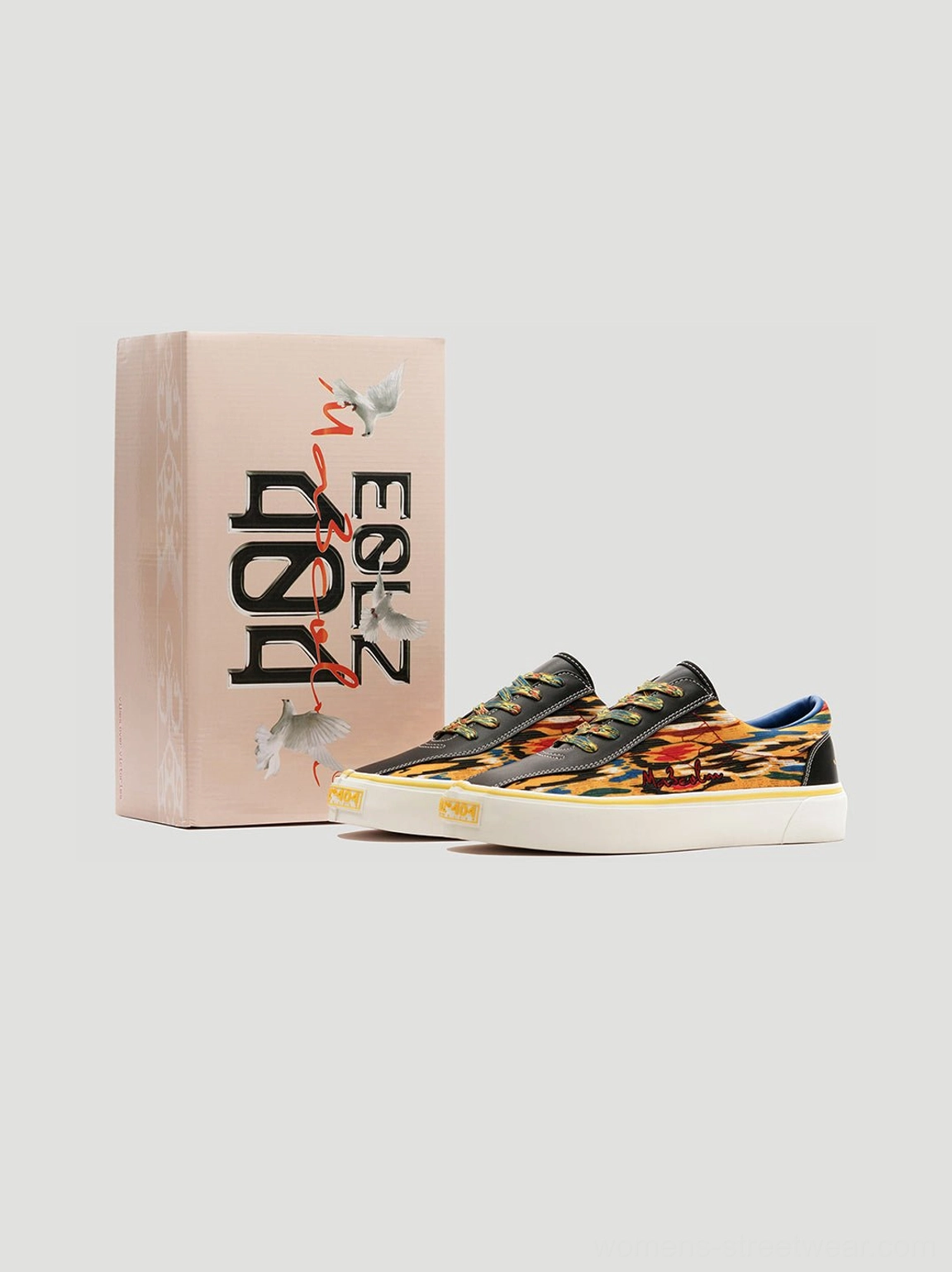 Colorful unisex canvas skate shoes with yellow abstract artwork and bold contemporary street style