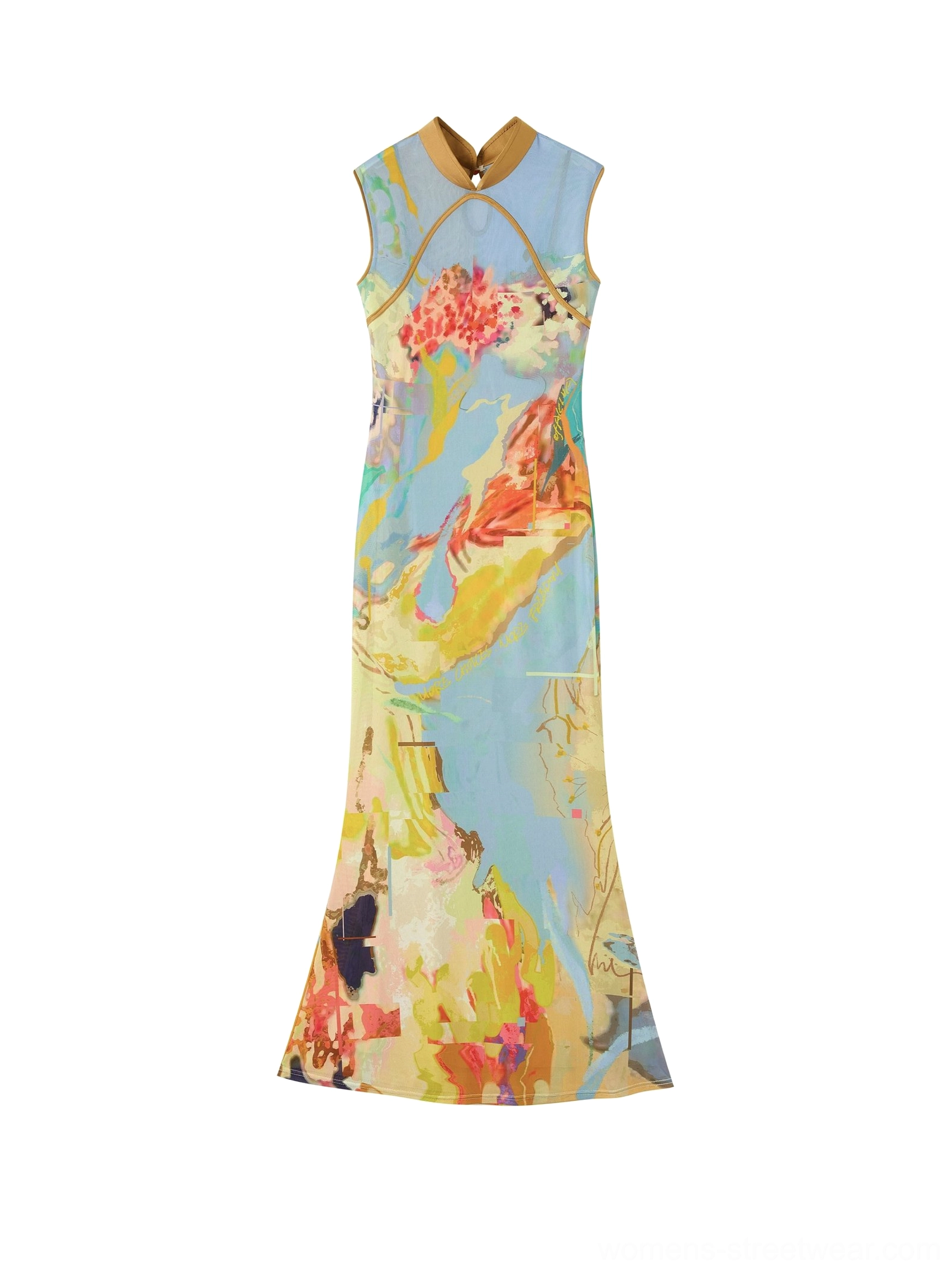 Flat lay view of a yellow blue watercolor floral print reversible mesh cheongsam dress with stand collar and fishtail hem