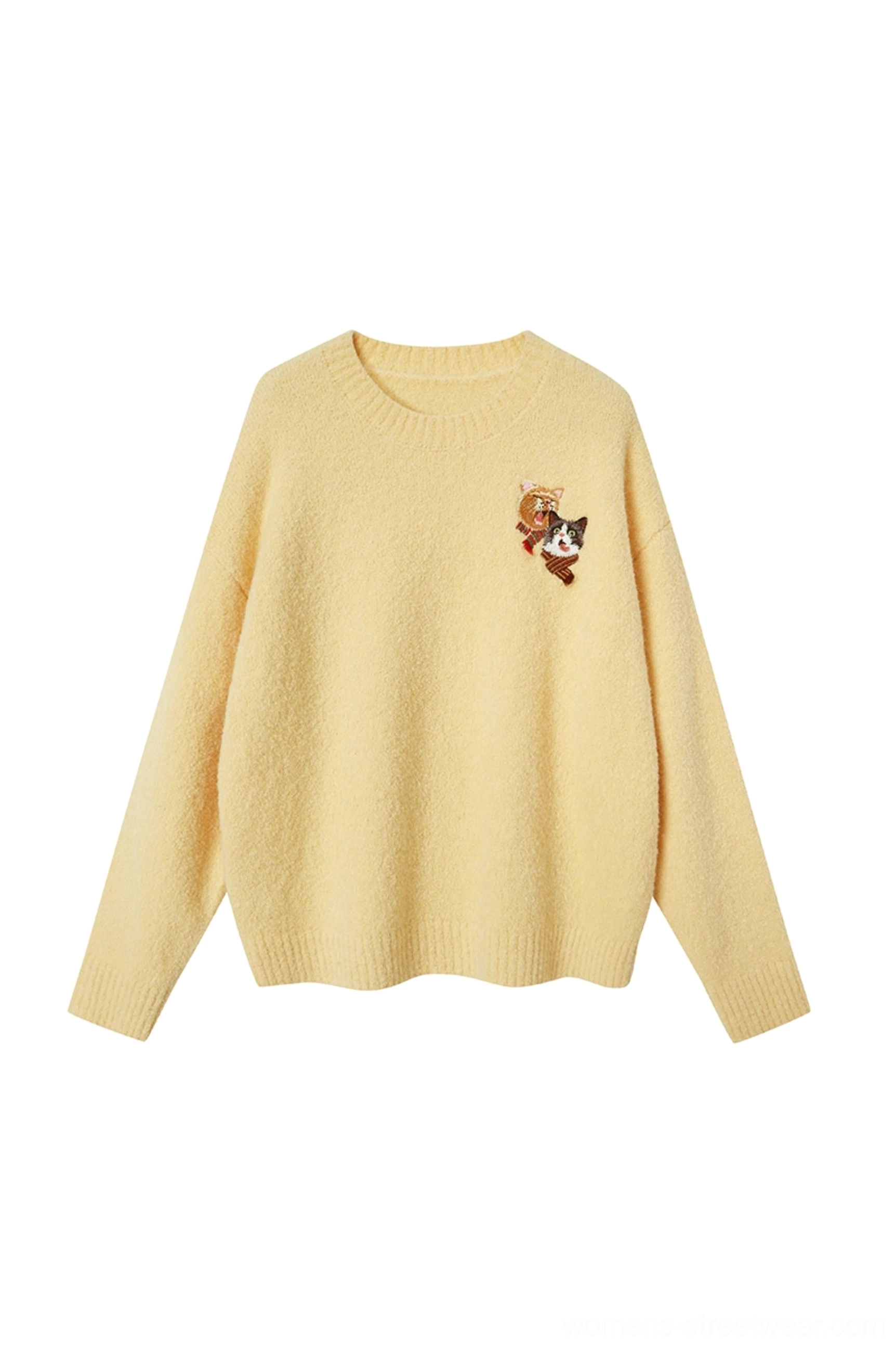 Yellow cat embroidered knit sweater color option with relaxed Korean streetwear silhouette